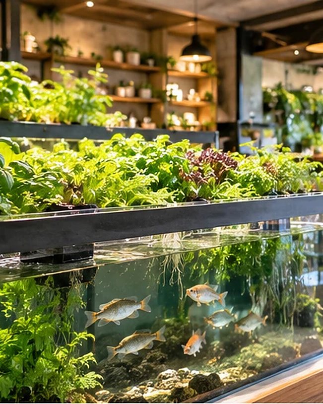 魚の水槽と、その上で育つ植物