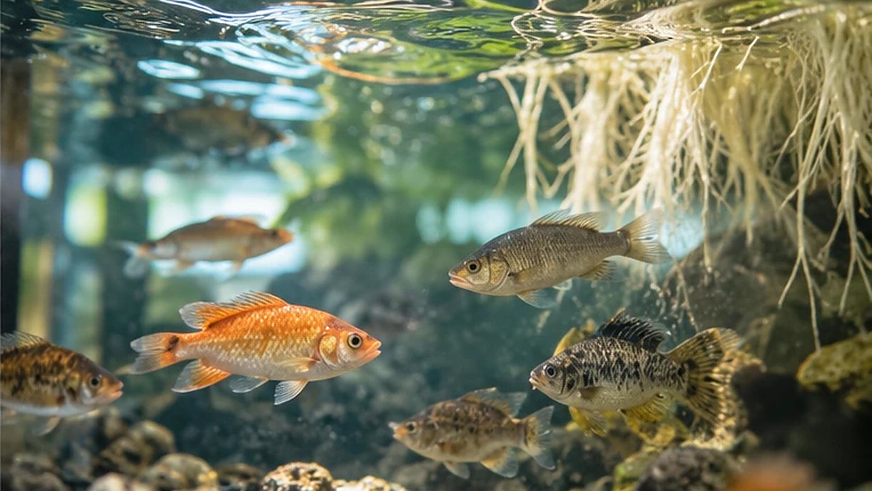 水槽の中を泳ぐ魚と、上から伸びる植物の白い根