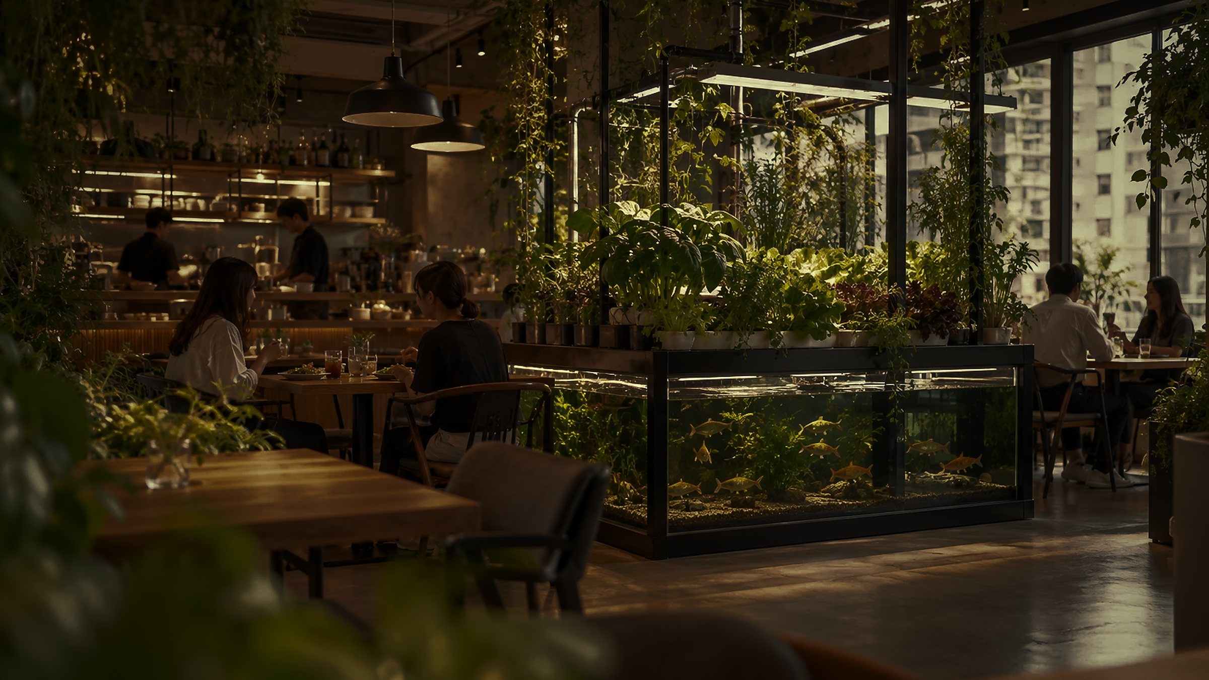 照明を落とした夜の店内と、光る水槽