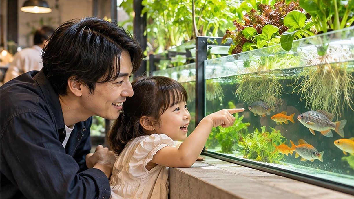 水槽の魚を指さして見る親子
